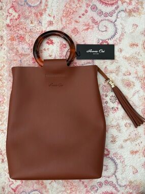 Anna Cai Chestnut Faux Leather Tote with Tortoiseshell Handles